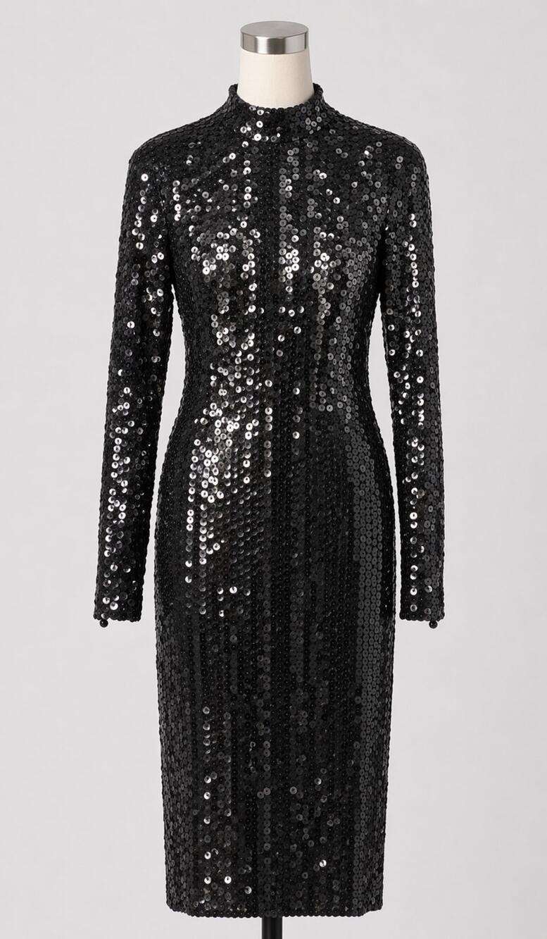 Vintage Black Sequin Dress Long Sleeve 1980s Glam Sparkle
